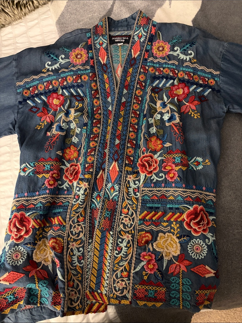 Johnny Was Blue Denim Embroidered Floral Kimono